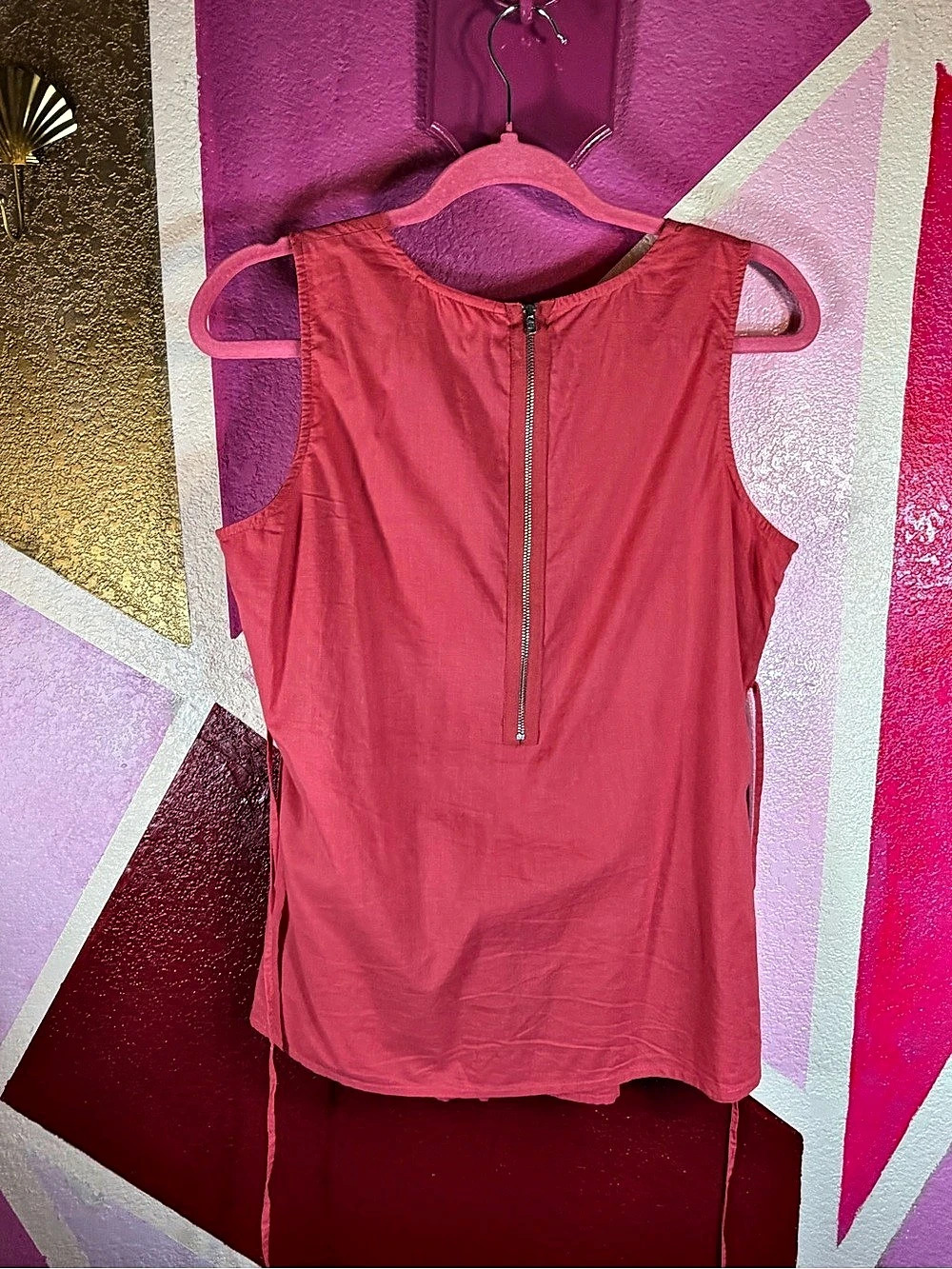 Oasis Coral Pintuck Sleeveless Blouse Exposed Zip Side Ties UK 14 US 10